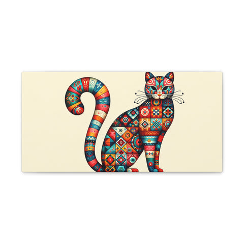 A vibrant and ornately patterned canvas art featuring an abstract, colorful cat standing against a neutral background.
