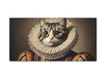 A whimsical canvas art piece portraying a cat with a detailed human-like ruff collar and ornate costume reminiscent of a historical royal outfit.