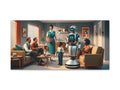 A canvas art piece depicting a retro-futuristic living room scene, where a group of people is casually interacting with a friendly humanoid robot among mid-century modern furniture.