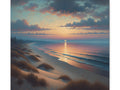 A canvas art depicting a serene sunset with the sun casting a golden reflection on the water, bordered by a beach with dunes and sparse vegetation under a sky streaked with wisps of clouds.