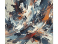 An abstract canvas art piece featuring dynamic strokes of blue, white, brown, and orange, evoking a sense of movement and chaos.