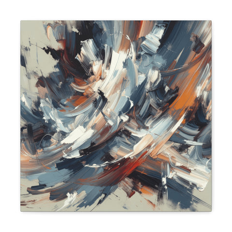 An abstract canvas art piece featuring dynamic strokes of blue, white, brown, and orange, evoking a sense of movement and chaos.