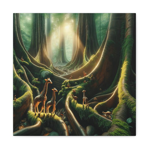 This canvas art features a mystical forest scene with giraffes and deer on verdant, twisting tree trunks, bathed in a warm, ethereal light filtering through the canopy above.