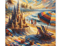 An impressionistic canvas art piece depicting a vibrant beach scene with a sandcastle, people strolling by the shore, colorful umbrellas, and deck chairs under an expressive sky.