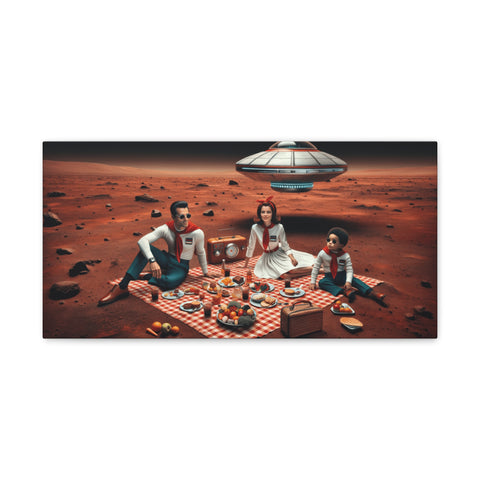 This canvas art depicts three people having a picnic on the surface of Mars with a flying saucer overhead and a vast, rocky landscape in the background.