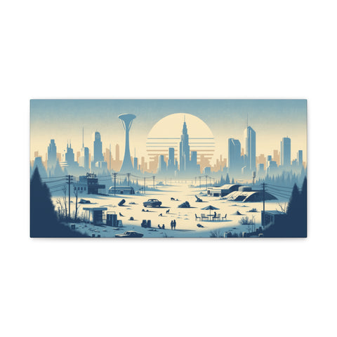 A canvas art featuring a stylized futuristic cityscape bathed in amber and blue tones with prominent skyscrapers and otherworldly structures under a large sun.