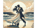 A canvas depicting a silhouette of a couple dancing elegantly on a beach, framed by stylized waves, clouds, and a sunrise in an art deco design.