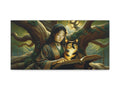 A serene canvas art piece depicting a woman in traditional attire reading a book beside a cat, both nestled within the branches of an ancient tree.