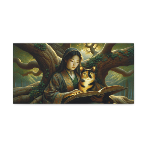 A serene canvas art piece depicting a woman in traditional attire reading a book beside a cat, both nestled within the branches of an ancient tree.