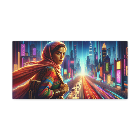 A vibrant canvas art piece featuring a woman in a colorful scarf looking over her shoulder with a futuristic cityscape bathed in neon lights in the background.