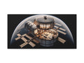 A canvas art displaying a futuristic space station orbiting Earth, detailed with solar panels and a central habitation module.