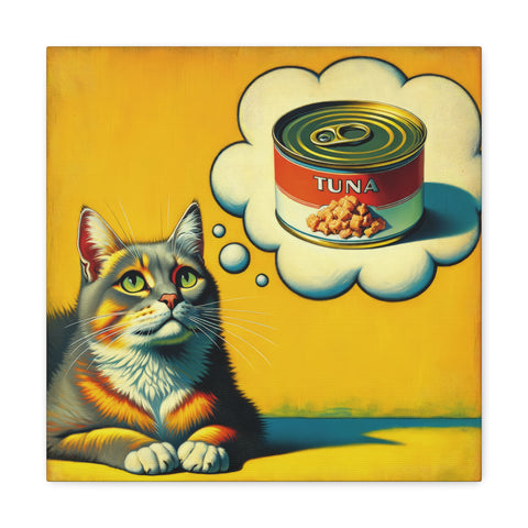 A whimsical canvas art piece featuring a contemplative cat staring upwards at a thought bubble containing a can of tuna against a yellow background.