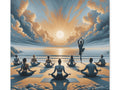 A tranquil canvas art depicting people in various yoga poses on a beach, with a central figure standing on one leg, against a backdrop of a rising or setting sun amidst dramatic clouds.