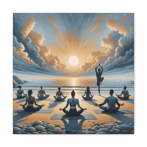A tranquil canvas art depicting people in various yoga poses on a beach, with a central figure standing on one leg, against a backdrop of a rising or setting sun amidst dramatic clouds.