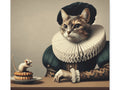 A whimsical canvas art piece portraying a cat with a human body, dressed in traditional 17th-century attire, seated at a table with a small mouse on pancakes.