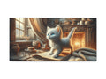 A canvas art depicting an adorable blue-eyed kitten exploring a warmly lit vintage kitchen with sunlight streaming through the window.