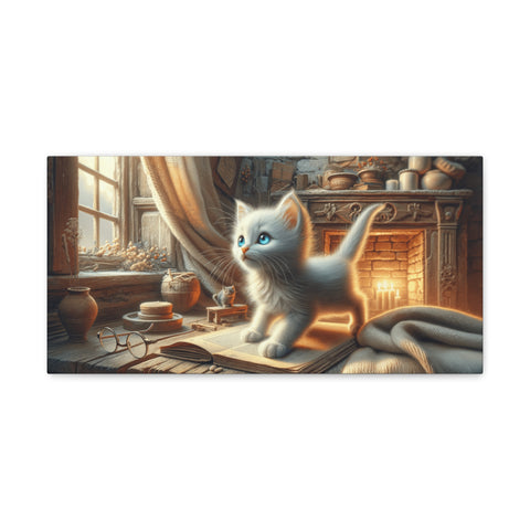 A canvas art depicting an adorable blue-eyed kitten exploring a warmly lit vintage kitchen with sunlight streaming through the window.