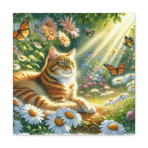 A canvas art depicting an orange tabby cat lounging on a bed of daisies among a vibrant garden bathed in sunlight with butterflies fluttering around.