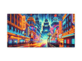 A vibrant canvas art piece showcasing a neon-lit city street at night with futuristic buildings and a glowing, starry sky above.