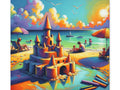 An intricate canvas art depicting a vibrant beach scene with a detailed sandcastle in the foreground, people lounging under umbrellas, boats on the water, and a colorful sky.