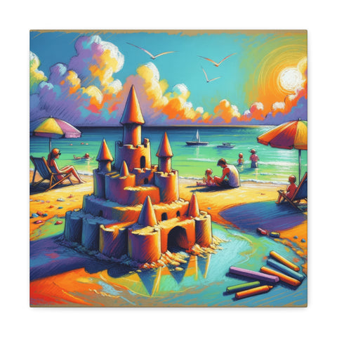 An intricate canvas art depicting a vibrant beach scene with a detailed sandcastle in the foreground, people lounging under umbrellas, boats on the water, and a colorful sky.