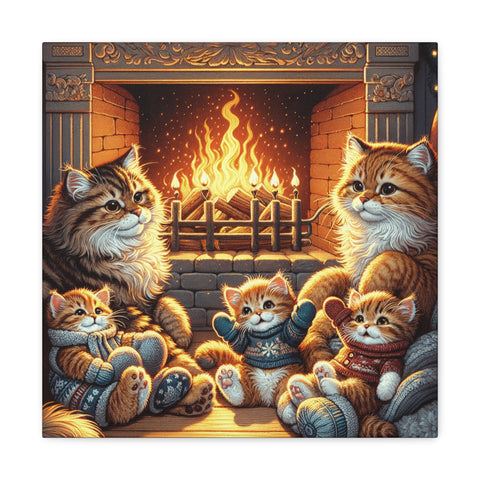 A canvas art depicting a cozy scene with four charming, fluffy cats in knitted mittens sitting peacefully by a crackling fireplace.