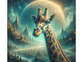 A whimsical canvas art piece depicting a giraffe with its head in the foreground against a fantastical backdrop of a glowing crescent moon and a magical cityscape.