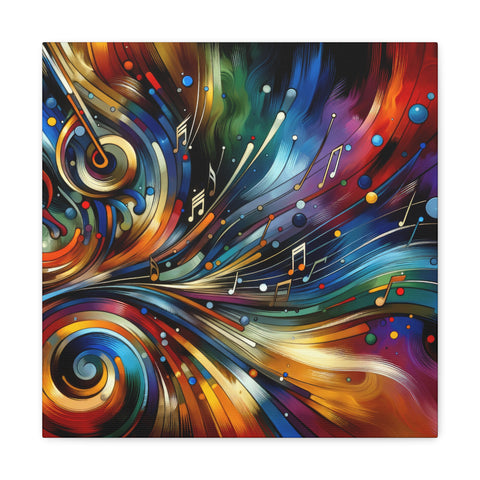 A vibrant canvas art featuring a dynamic swirl of colors and musical notes that gives the impression of a visual symphony.
