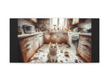 A canvas art piece depicting a cat standing amidst a messy kitchen with flour and paw prints scattered across the countertops and floor.