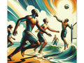 A vibrant canvas art piece depicting stylized male figures playing beach volleyball with dynamic waves and a swirling sky in the background.