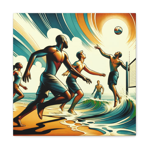 A vibrant canvas art piece depicting stylized male figures playing beach volleyball with dynamic waves and a swirling sky in the background.