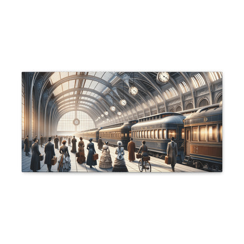 A canvas depicting a bustling historical train station scene with detailed architecture and passengers in period attire awaiting their train.