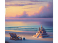 A canvas art depicting a serene beach scene at sunset with a detailed sandcastle in the foreground and a single deck chair beside it.