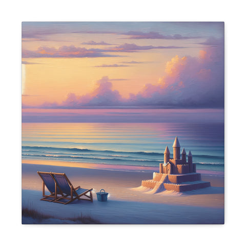 A canvas art depicting a serene beach scene at sunset with a detailed sandcastle in the foreground and a single deck chair beside it.