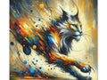 A vibrant, abstract canvas art piece depicting a colorful, dynamic cat in motion with splashes of blue, yellow, and orange hues.