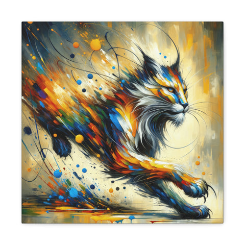 A vibrant, abstract canvas art piece depicting a colorful, dynamic cat in motion with splashes of blue, yellow, and orange hues.