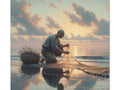 An aged fisherman mends a net on the shore at sunrise, with a tranquil sea behind him, captured on a canvas.