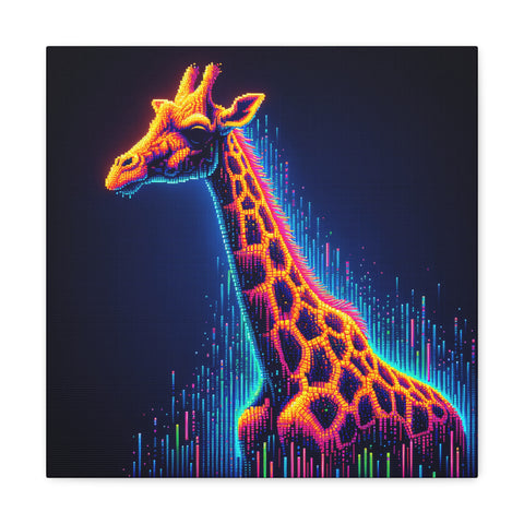 A vibrant canvas art piece featuring a neon-colored giraffe with a pattern of glowing spots against a background of digital-style vertical light streaks.