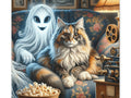 A canvas art depicting a fluffy, brown and white cat sitting on a couch next to a bowl of popcorn, with a spectral figure and vintage film projectors in the background.