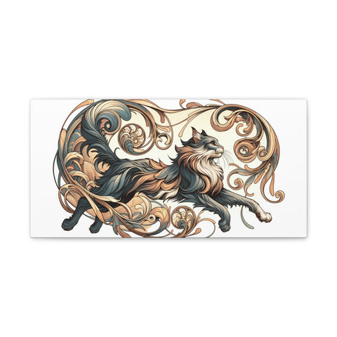 An elegant canvas art piece featuring an intricately designed cat with flowing, ornamental patterns in shades of gold, black, and white.