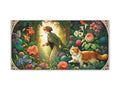 A vibrant canvas art depicting a woman in a garden filled with lush plants and a majestic cat basking in the sunlight filtering through the foliage.