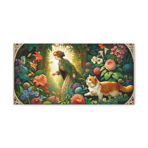 A vibrant canvas art depicting a woman in a garden filled with lush plants and a majestic cat basking in the sunlight filtering through the foliage.