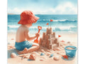 A canvas art depicting a child in a sunhat and swim shorts building a detailed sandcastle on a beach with waves in the background, alongside scattered seashells and a blue pail.