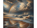 A canvas art depicting a dramatic coastal scene with dark, stormy clouds, a rainbow, and the sun casting golden light on the surf and wet sand.