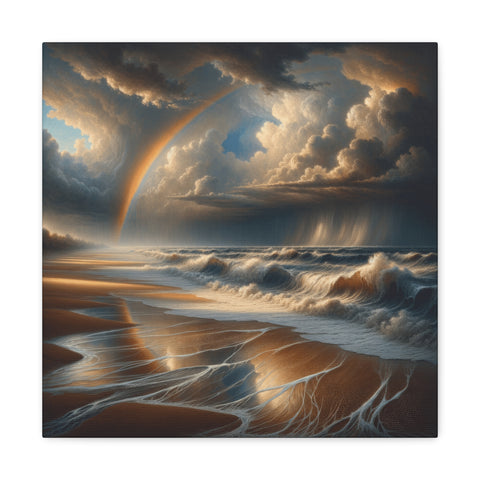 A canvas art depicting a dramatic coastal scene with dark, stormy clouds, a rainbow, and the sun casting golden light on the surf and wet sand.