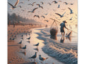 An intricate canvas art piece depicting a serene beach scene with a fisherman, numerous birds in flight and along the shore, and people in the distance enveloped in warm, golden light.