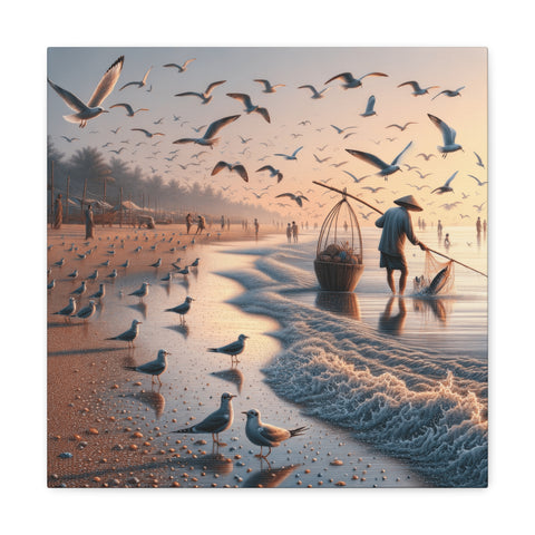 An intricate canvas art piece depicting a serene beach scene with a fisherman, numerous birds in flight and along the shore, and people in the distance enveloped in warm, golden light.