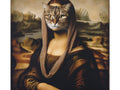A canvas art piece depicting a creative mashup of the Mona Lisa with the face of a tabby cat, set against a backdrop of a mountainous landscape.