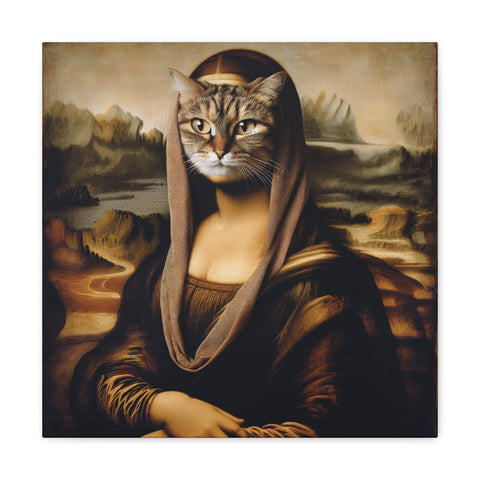 A canvas art piece depicting a creative mashup of the Mona Lisa with the face of a tabby cat, set against a backdrop of a mountainous landscape.