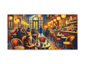 A vibrant canvas art depicting a cozy cafe interior scene with patrons at tables and a prominent cat sitting on a chair in the foreground, all in an expressive, colorful style.
